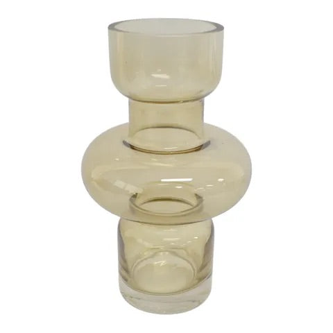 The Marte Glass Vase is a modern/contemporary piece. Featuring a cylindrical Bottom and top with a bulbed middle. Colour Amber. Measures 13 Diameter X 20 Height. Front Plain.