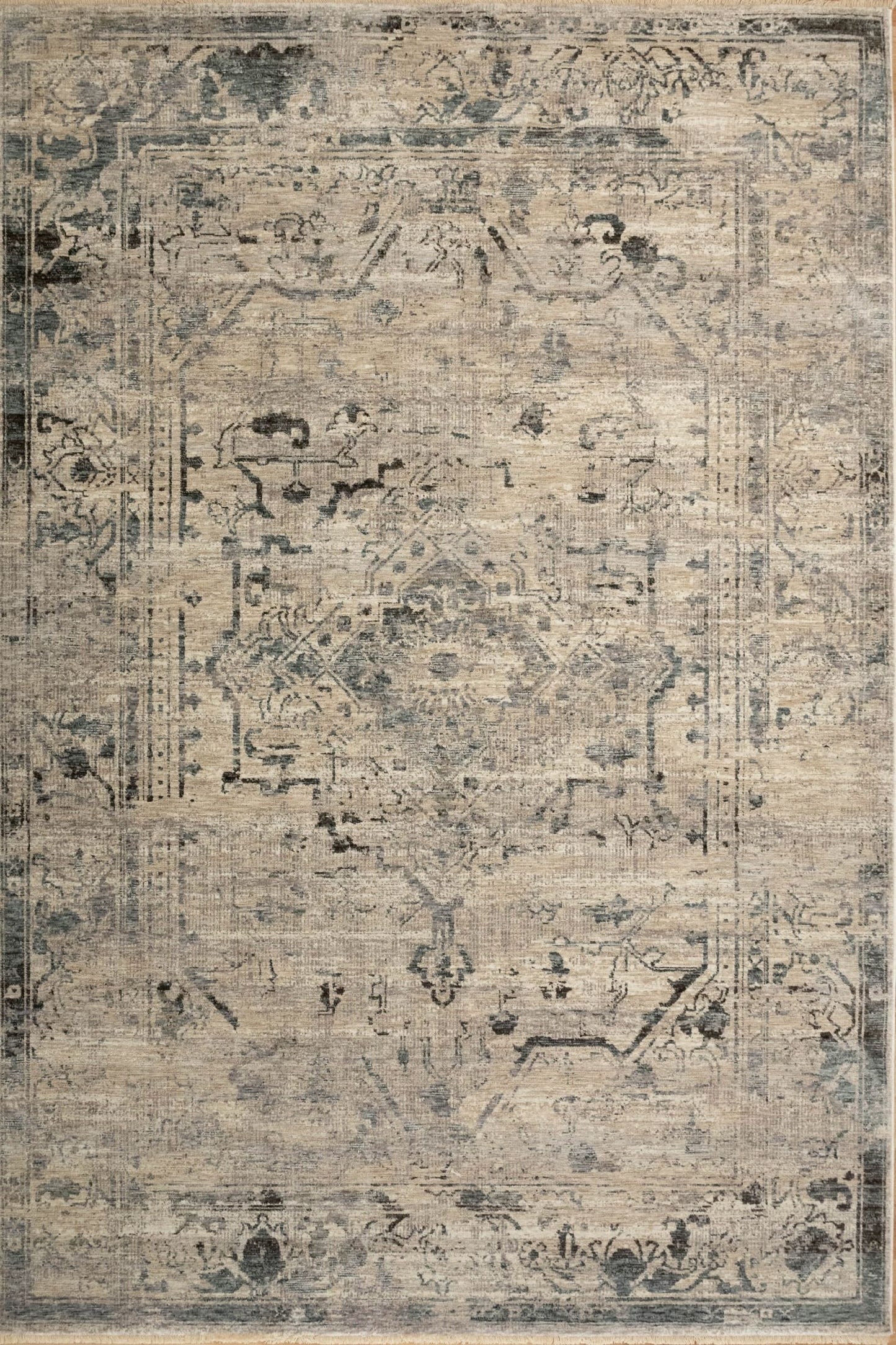 The Matana Grey 4154 Rug. Traditional style, machine made rug. Colours grey, light grey's and blue grey's. Sizes 160 X 235, 200 X 285, 240 X 330 and 300 X 400. Top.