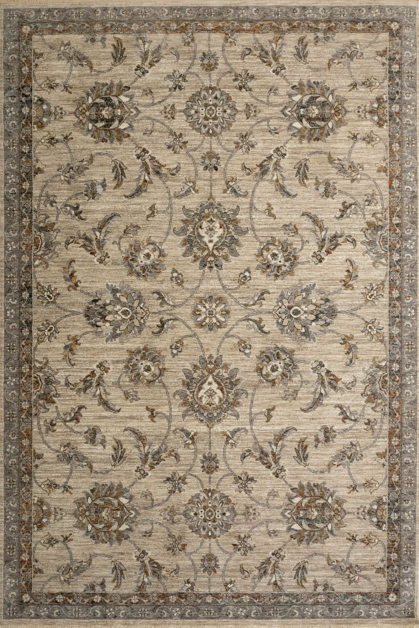 The Matana Multi 1330 Rug. Traditional style, machine made rug. Colours grey, light grey, beiges and creams. Sizes 160 X 235, 200 X 285, 240 X 330 and 300 X 400. Top.
