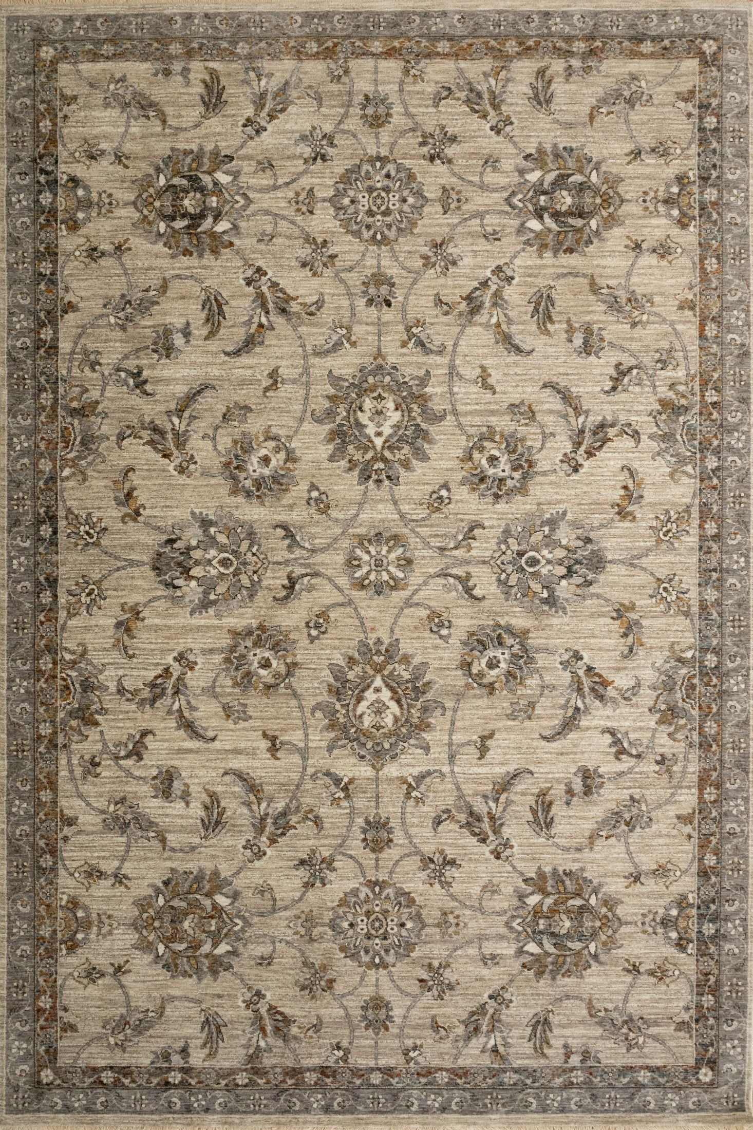 The Matana Multi 1330 Rug. Traditional style, machine made rug. Colours grey, light grey, beiges and creams. Sizes 160 X 235, 200 X 285, 240 X 330 and 300 X 400. Top.