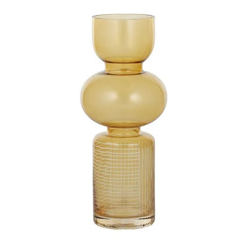 The Matar Glass Vase features a 3 column design. A cylindrical textured bottom, with bulbed middle and bowled open top. Colour Amber. Measures 13 Diameter X 30 Height. Front Plain.