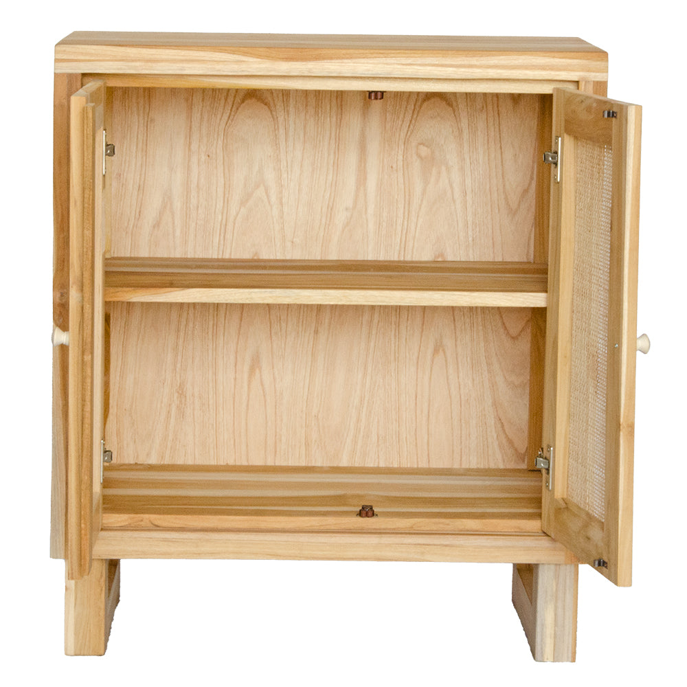 The Manzanita 2 Door Buffet is a contemporary and coastal two-door sideboard crafted from sustainable teak. The sideboard features open mesh rattan doors. Colour natural. Measures 800 wide X 400 depth X 900 height. Open.