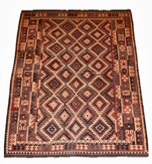 The Afghan Hand Woven Maimana Kilim - 251 X 344.  Crafted from wool and featuring traditional Afghan weaving techniques. Colours, red, orange, black. Size 251 wide X 344 long. Cover.