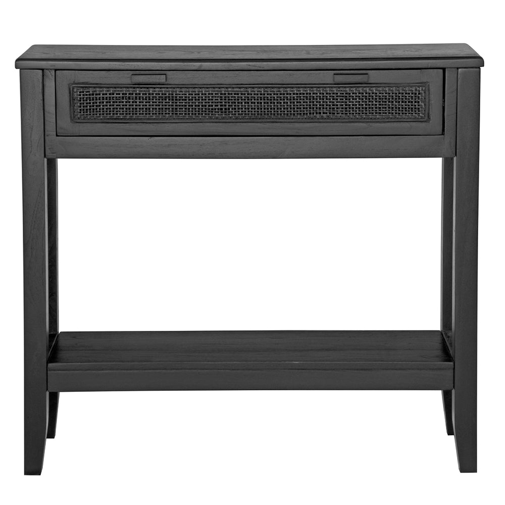 The Milan - 1 Drawer Black console boasts coastal and contemporary style. Crafted from sustainable white cedar timber, it features 1 drawer, on wooden runners, and an open mesh rattan drawer face. Colour Black. Measures 800 length X 250 depth X 750 height. Front Plain.