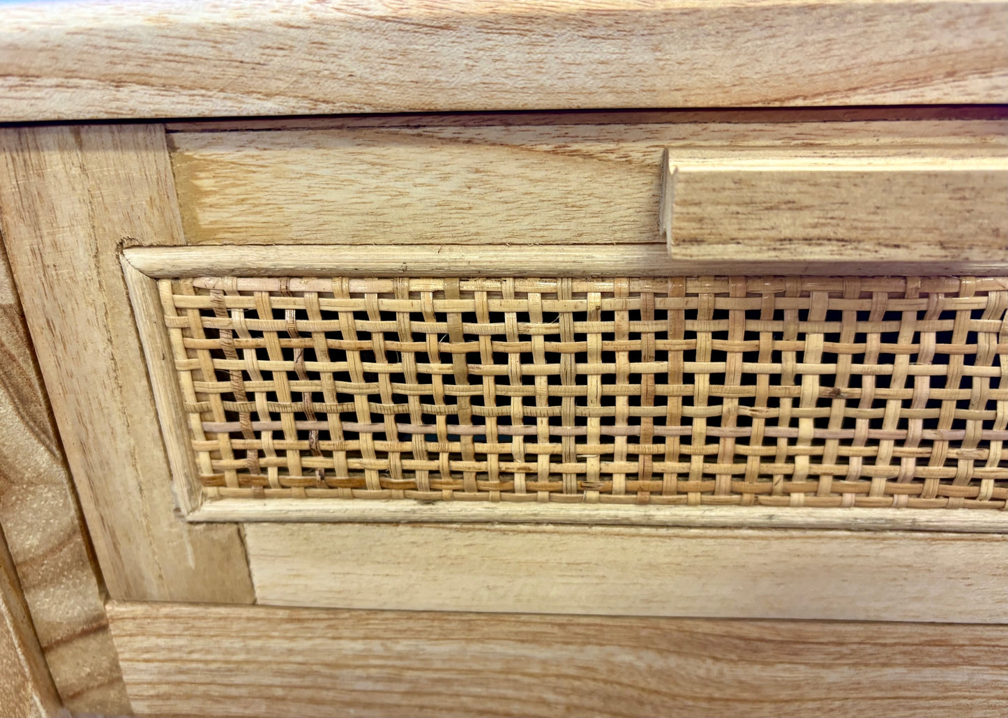 The Milan - 1 Drawer Natural console boasts coastal and contemporary style. Crafted from sustainable white cedar timber, it features 1 drawer, on wooden runners, and an open mesh rattan drawer face. Colour Natural. Measures 800 length X 250 depth X 750 height. Close.
