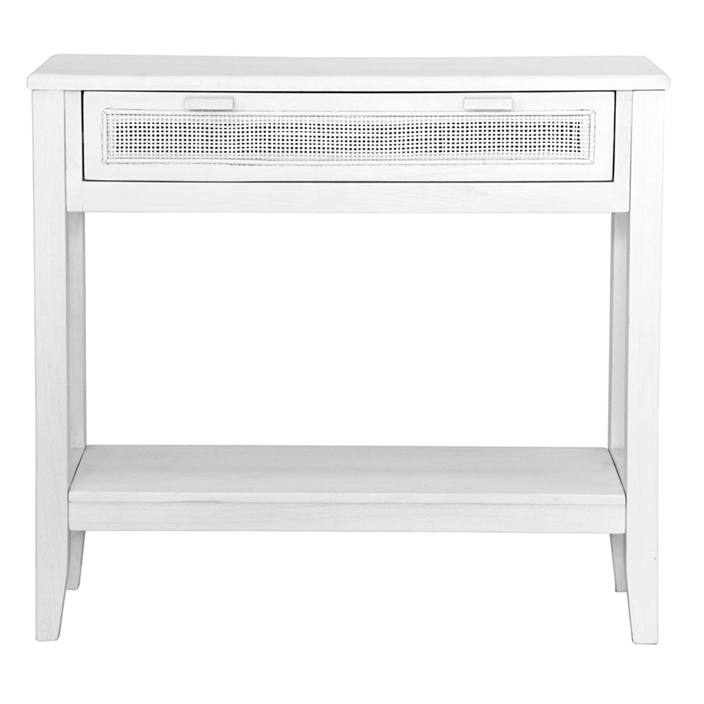 The Milan - 1 Drawer White console boasts coastal and contemporary style. Crafted from sustainable white cedar timber, it features 1 drawer, on wooden runners, and an open mesh rattan drawer face. Colour White. Measures 800 length X 250 depth X 750 height. Front Plain.