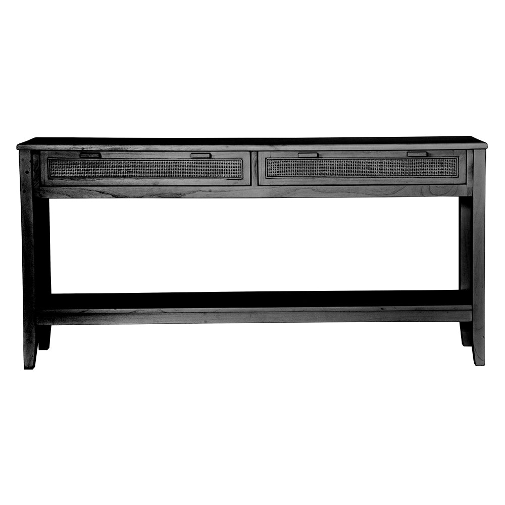 The Milan 2 Drawer Black console boasts coastal and contemporary style. Crafted from sustainable white cedar timber, it features 2 drawers, on wooden runners, and an open mesh rattan drawer face. Colour Black. Measures 1500 length X 250 depth X 750 height. Front Plain.