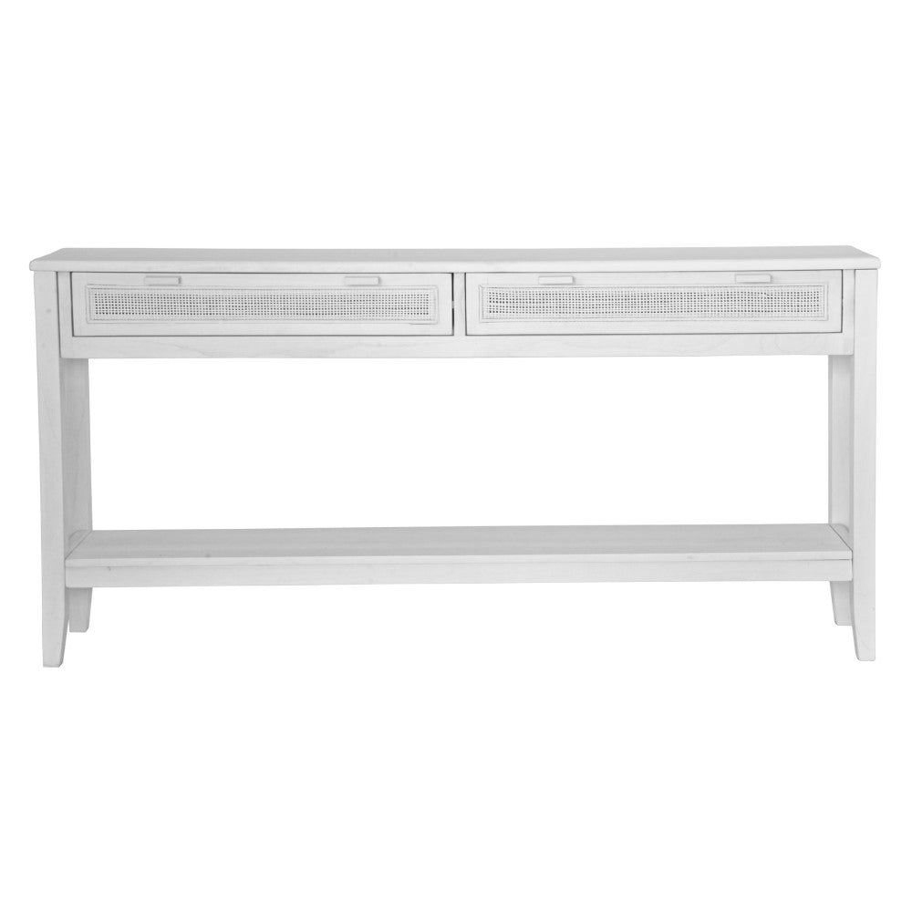 The Milan - 2 Drawer White console boasts coastal and contemporary style. Crafted from sustainable white cedar timber, it features 2 drawers, on wooden runners, and an open mesh rattan drawer face. Colour White. Measures 1500 length X 250 depth X 750 height. Front Plain.