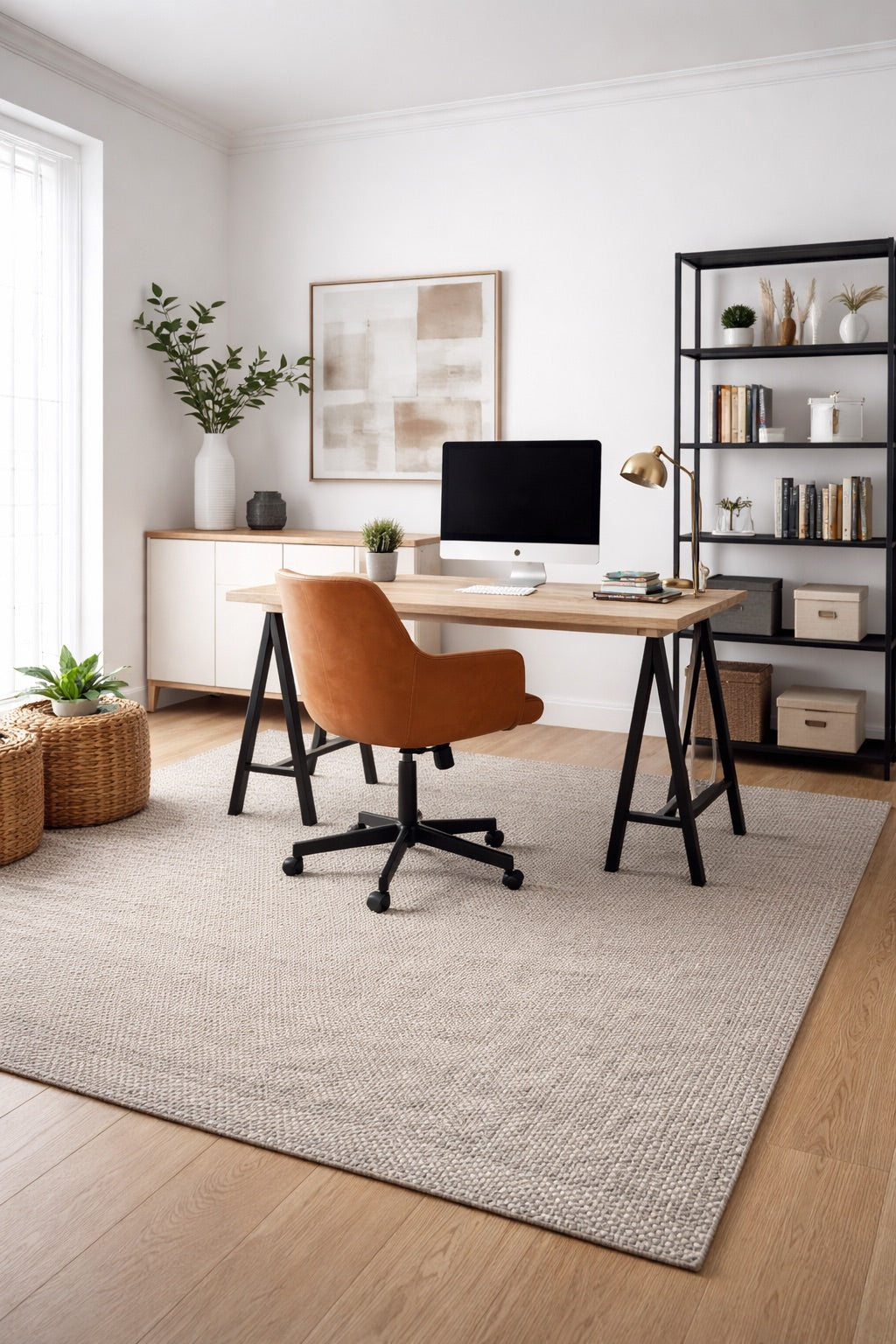 A minimal hand woven wool flatweave rug styled in a modern Perth home office setting.