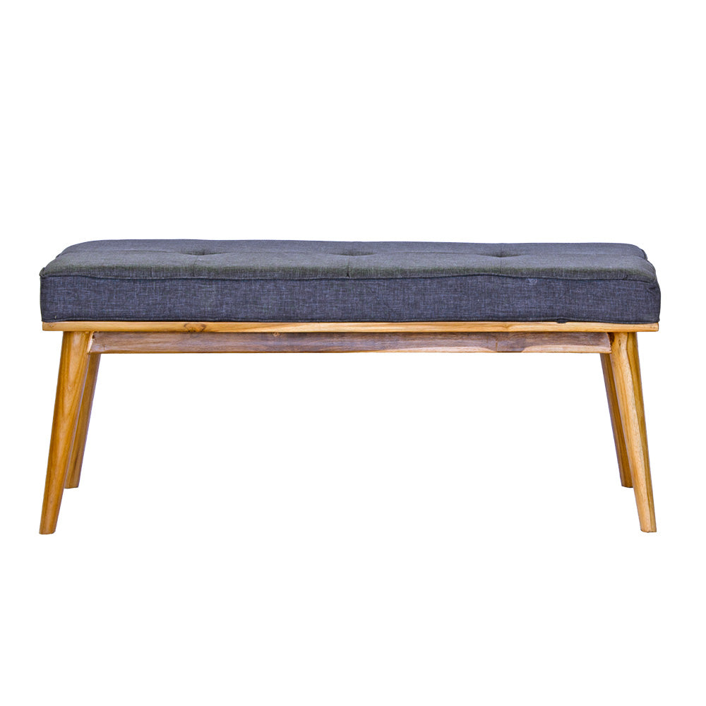 The Mint Grey Bench is a contemporary bench with a cushioned seat and turned legs. Constructed from sturdy Sunkai Wood. Colours, natural legs, grey cushion. Measures  1100 wide X 400 depth X 470 height. Front Plain.