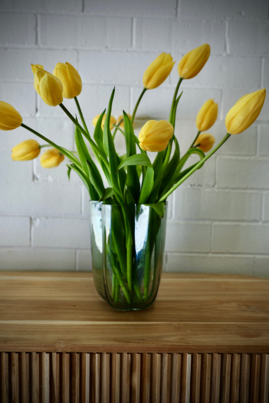 The Miranda Glass Vase is a modern/contemporary piece. Features a curved design. Colour mint green. Measures 15 Diameter X 20 Height. Styled.