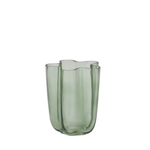 The Miranda Glass Vase is a modern/contemporary piece. Features a curved design. Colour mint green. Measures 15 Diameter X 20 Height. Front Plain.