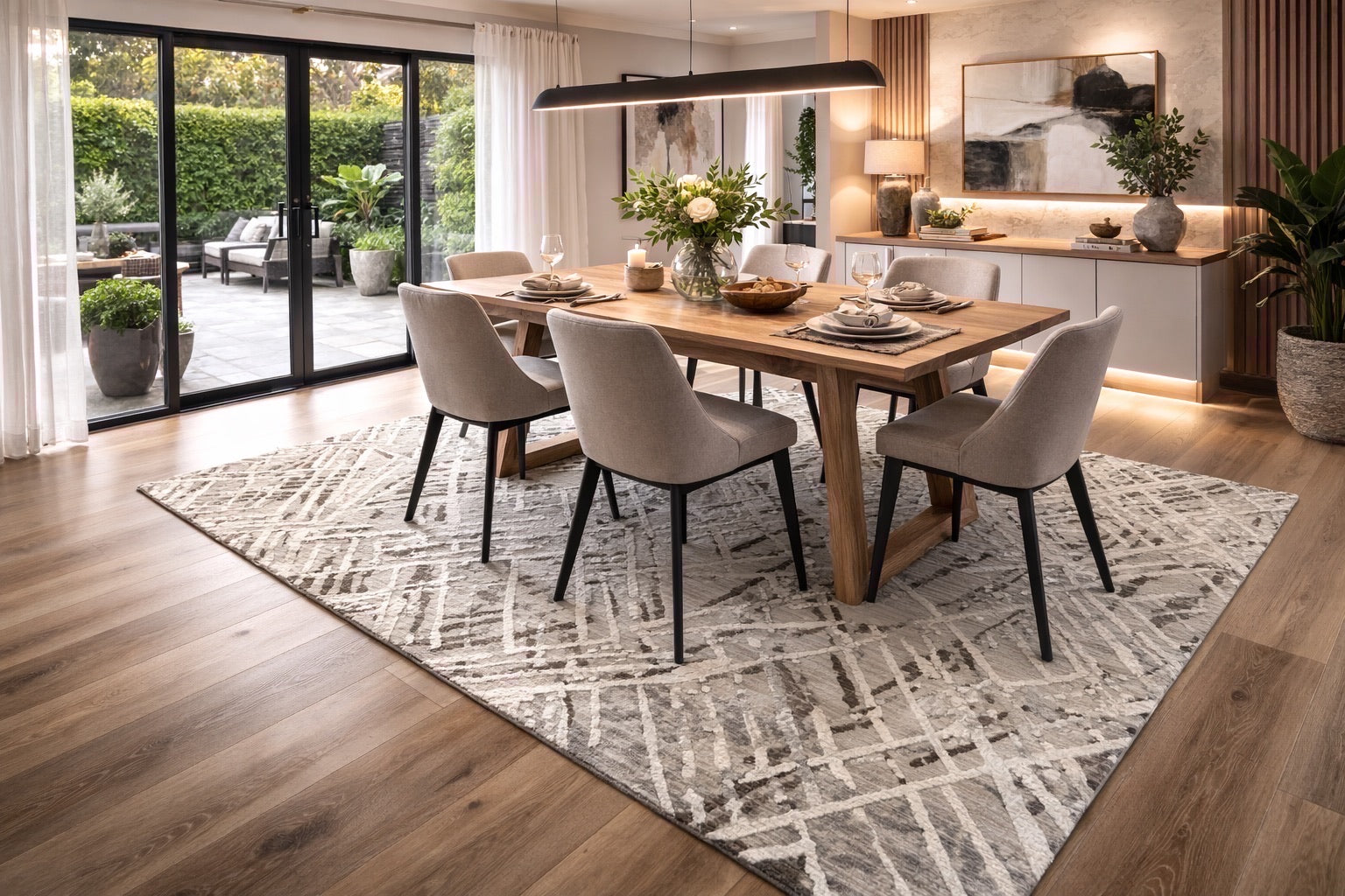 A modern patterned dining room rug styled in a Perth home dining room setting.