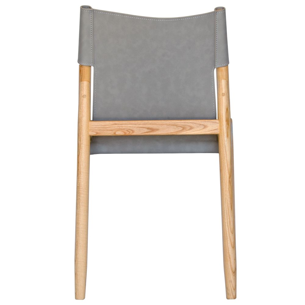 The Modoc - Grey Dining Chair blends style & durability with a solid ash frame & grey saddle leather, perfect for modern, minimalist & coastal spaces. Measures 500 Wide x 570 Depth x 450 Seat Height. Back Height 830. Colour Natural Frame with Grey seat and back. Back.
