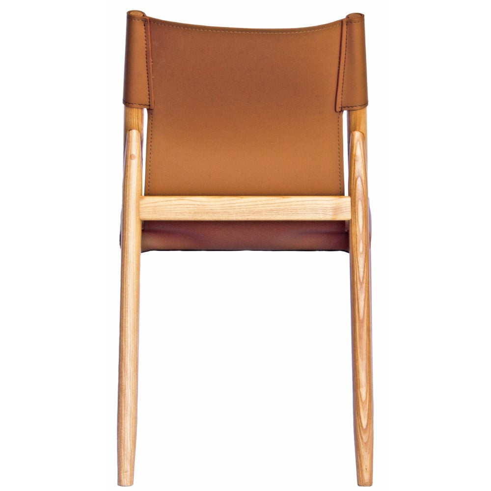 The Modoc - Tan Dining Chair blends style & durability with a solid ash frame & grey saddle leather, perfect for modern, minimalist & coastal spaces. Measures 500 Wide x 570 Depth x 450 Seat Height. Back Height 830. Colour Natural Frame with Tan seat and back. Back.