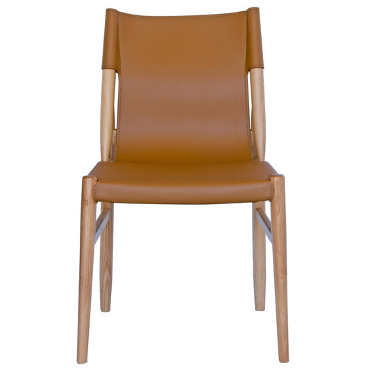 The Modoc - Tan Dining Chair blends style & durability with a solid ash frame & grey saddle leather, perfect for modern, minimalist & coastal spaces. Measures 500 Wide x 570 Depth x 450 Seat Height. Back Height 830. Colour Natural Frame with Tan seat and back. Front Plain. 