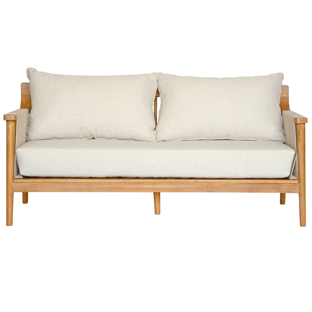 The Mojave Lounge, teak frame with rope sides and UV resistant Cotton Twill seat and cushions. Measures 1750 wide X 700 Depth X 400 Seat Height. Colour Natural rattan with white cushions. Front Plain. Ochoco Lounge Furniture Perth.