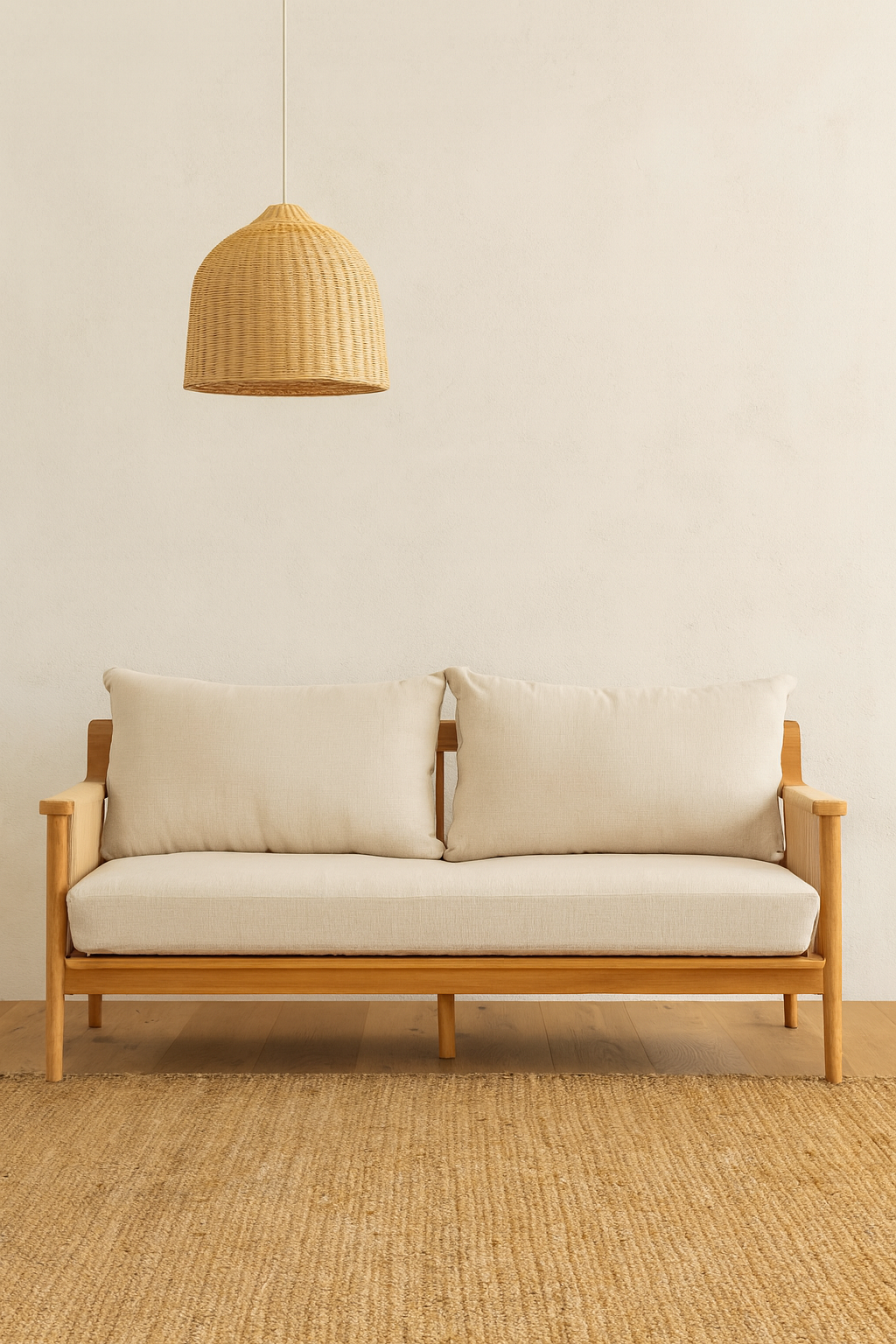 The Mojave Lounge, teak frame with rope sides and UV resistant Cotton Twill seat and cushions. Measures 1750 wide X 700 Depth X 400 Seat Height. Colour Natural rattan with white cushions. Styled. Ochoco Lounge Furniture Perth.