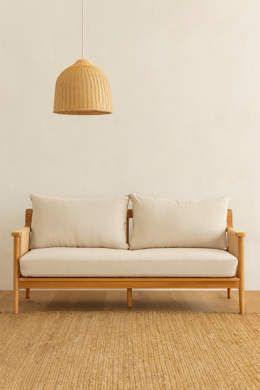 The Mojave Lounge, teak frame with rope sides and UV resistant Cotton Twill seat and cushions. Measures 1750 wide X 700 Depth X 400 Seat Height. Colour Natural rattan with white cushions. Styled. Ochoco Lounge Furniture Perth.