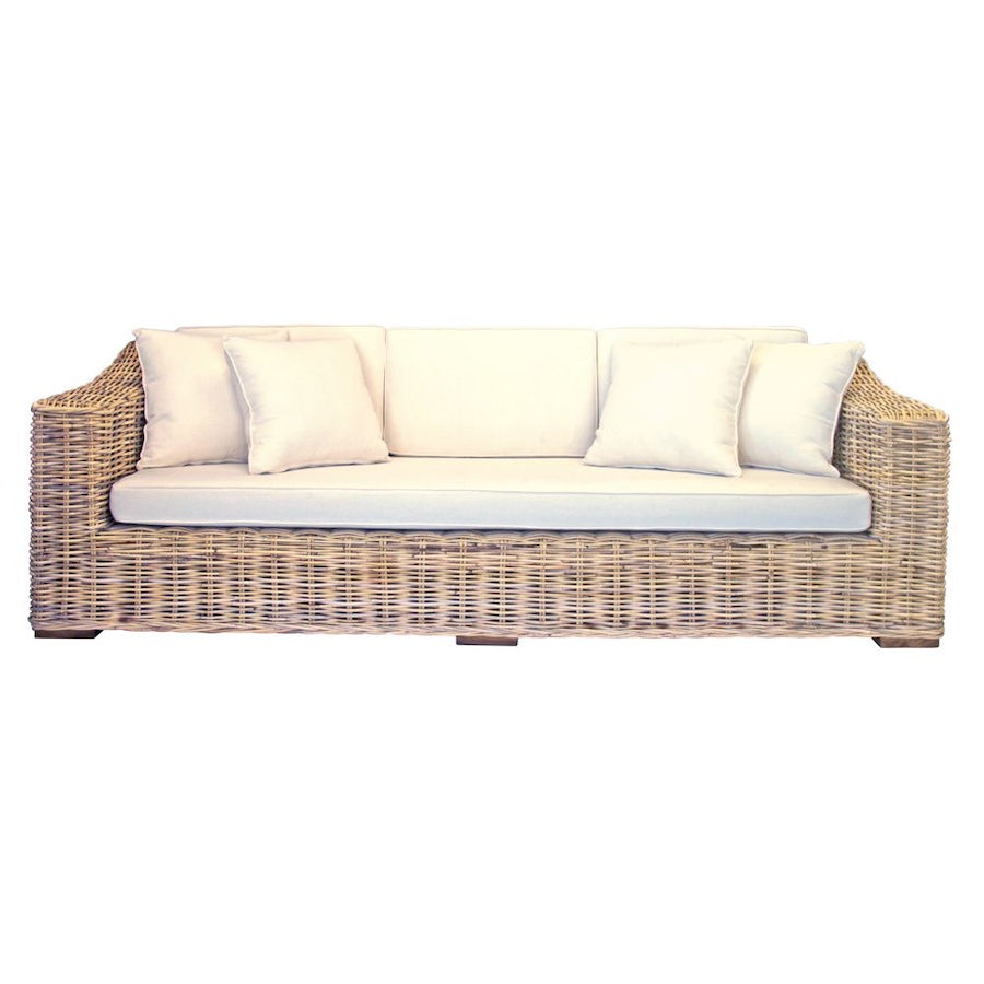 The Mojave Sofa is an indoor/outdoor lounge. Featuring a rattan weave and cushioned seat and back. Colours, natural rattan and white/cream cushions. Measures 2400 wide X 900 depth X 400 seat height. Back height 700. Front Plain.
