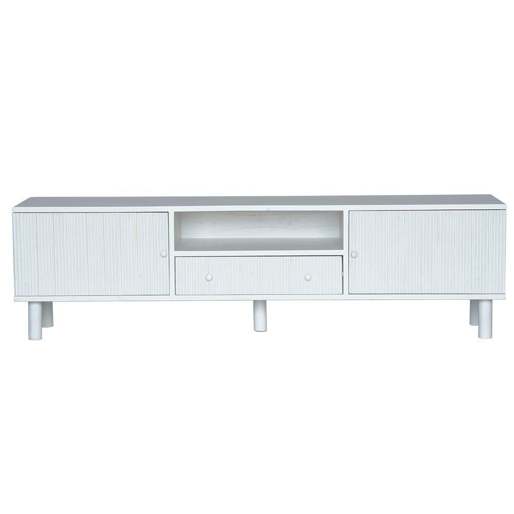 The Monroe 2 Door 1 Drawer White Entertainment unit. With two textured doors, one open shelf and 1 drawer, it offers convenient storage and elevates the aesthetic of your home. Measures  1800 length x 400 depth x 530 height. Front Plain.