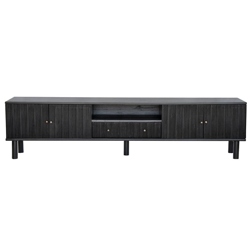 The Monroe 4 Door 1 Drawer Black Entertainment Unit is a contemporary piece of furniture. Crafted from solid white cedar, it comes with four textured doors and a shelf and 1 drawer. Colour Black. Measures 2100 length X 400 depth X 530 height. Front Plain.