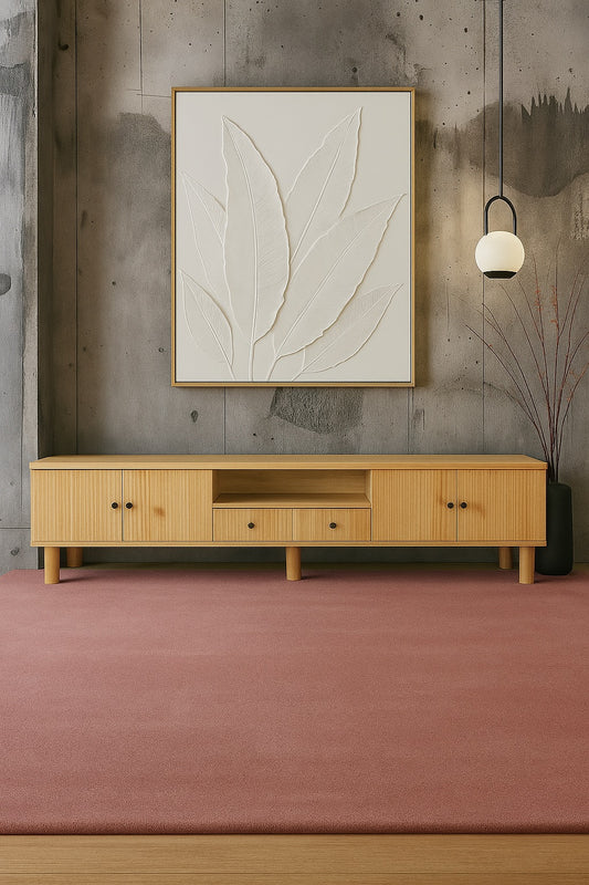 The Monroe 4 Door 1 Drawer Natural Entertainment Unit is a contemporary piece of furniture. Crafted from solid white cedar, it comes with four textured doors and a shelf and 1 drawer. Colour natural. Measures 2100 length X 400 depth X 530 height. Styled.
