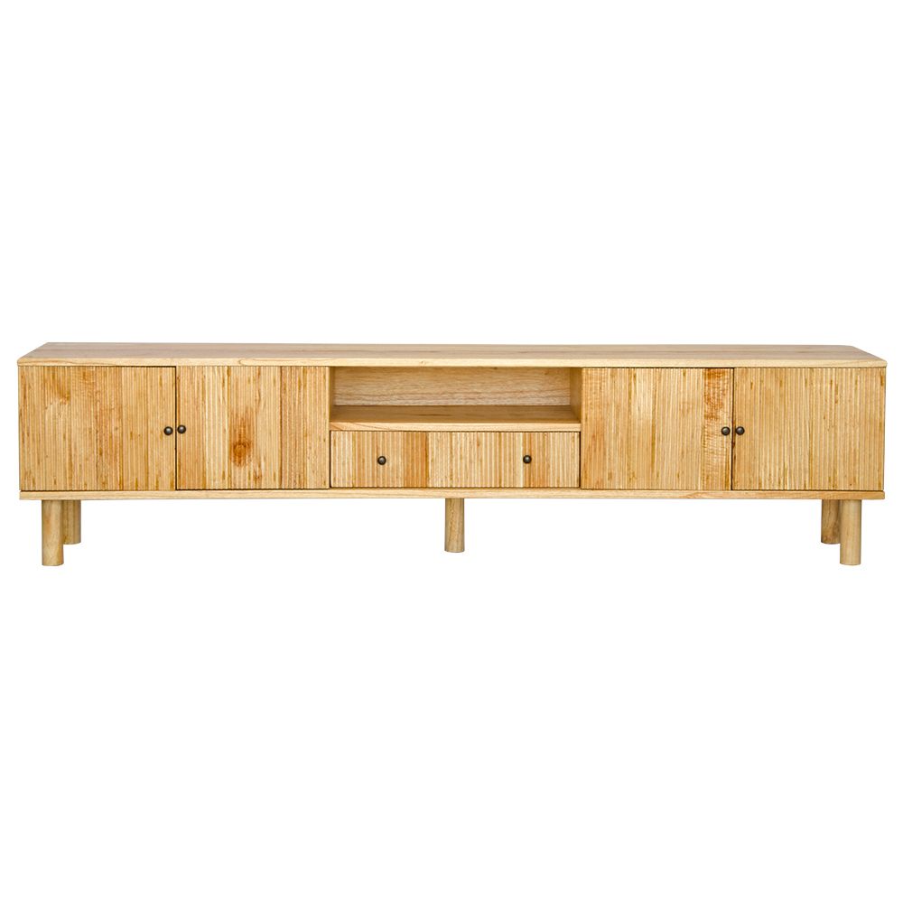 The Monroe 4 Door 1 Drawer Natural Entertainment Unit is a contemporary piece of furniture. Crafted from solid white cedar, it comes with four textured doors and a shelf and 1 drawer. Colour natural. Measures 2100 length X 400 depth X 530 height. Front Plain.