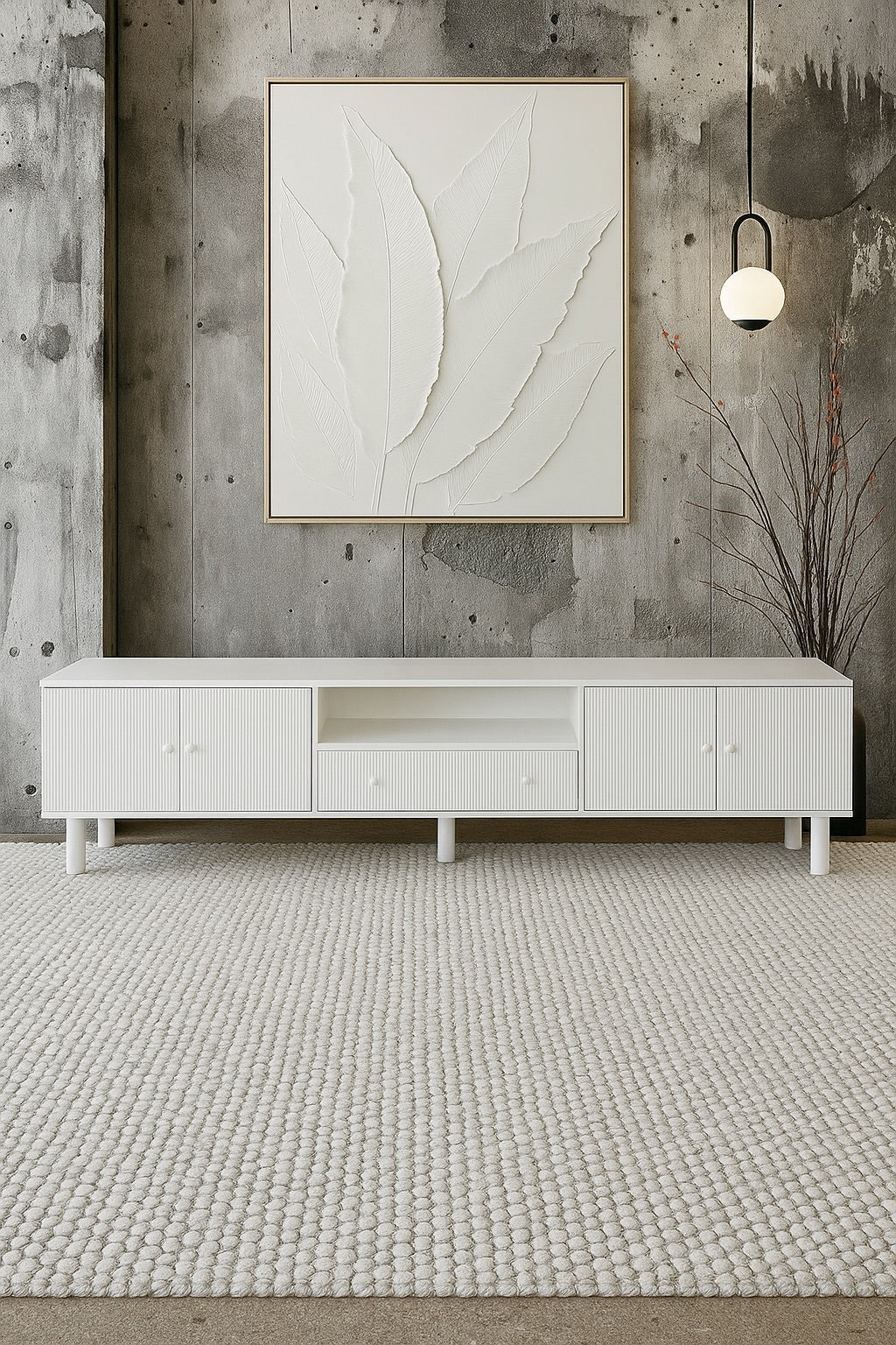 The Monroe 4 Door 1 Drawer White Entertainment Unit is a contemporary piece of furniture. Crafted from solid white cedar, it comes with four textured doors and a shelf and 1 drawer. Colour White. Measures 2100 length X 400 depth X 530 height. Styled.