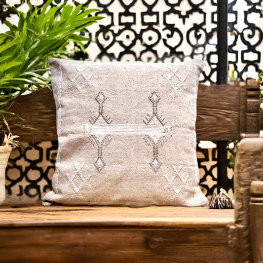 The Moroccan Cloud Cushion is a hand woven cotton weave with hidden zip on the back. Inspired by Moroccan motif's, its sure to bring a Moroccan feel to any area. Colours, light grey and white. Measures 50 X 50. Styled.