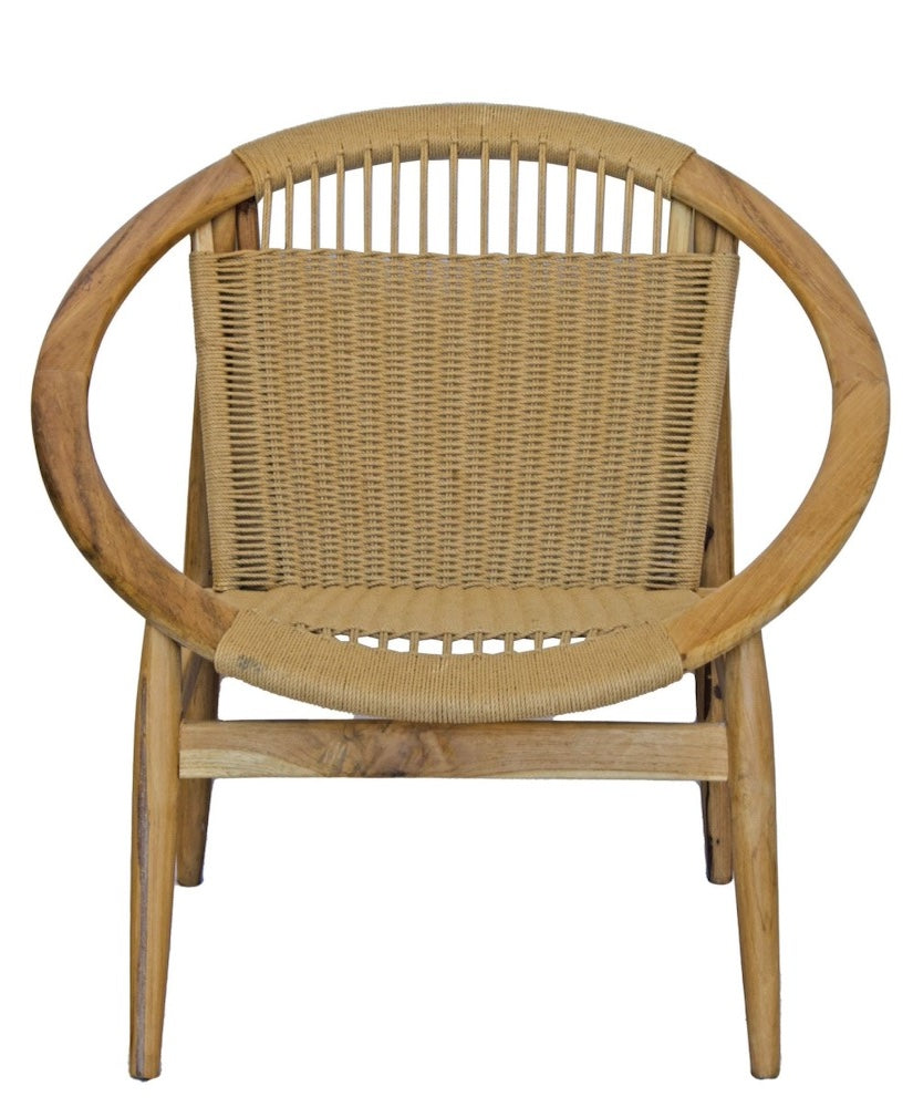 The Musa Occasional Chair. This coastal contemporary occasional chair boasts a sustainable solid teak frame and a woven natural rope seat and back. Colours Natural with brown rope. Measures 900 wide X 800 depth X 750 height. Seat height 400. Plain.