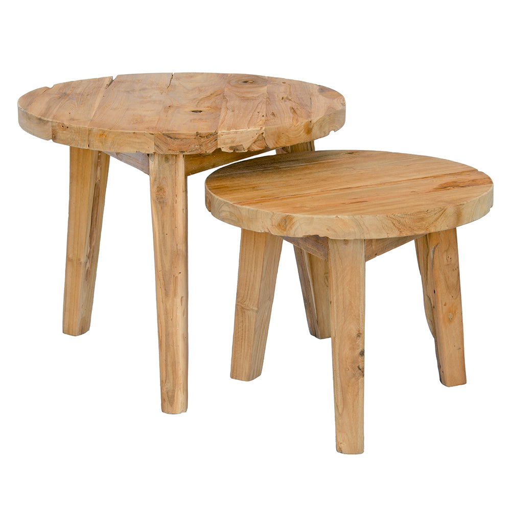 The Nara - Set of 2 Side Tables, are crafted from sustainable reclaimed Teak and feature round tops and semi-turned legs. Colour natural. Measures 600 diameter X 500 height (L) & 500 diameter X 400 height (S). Front Plain.