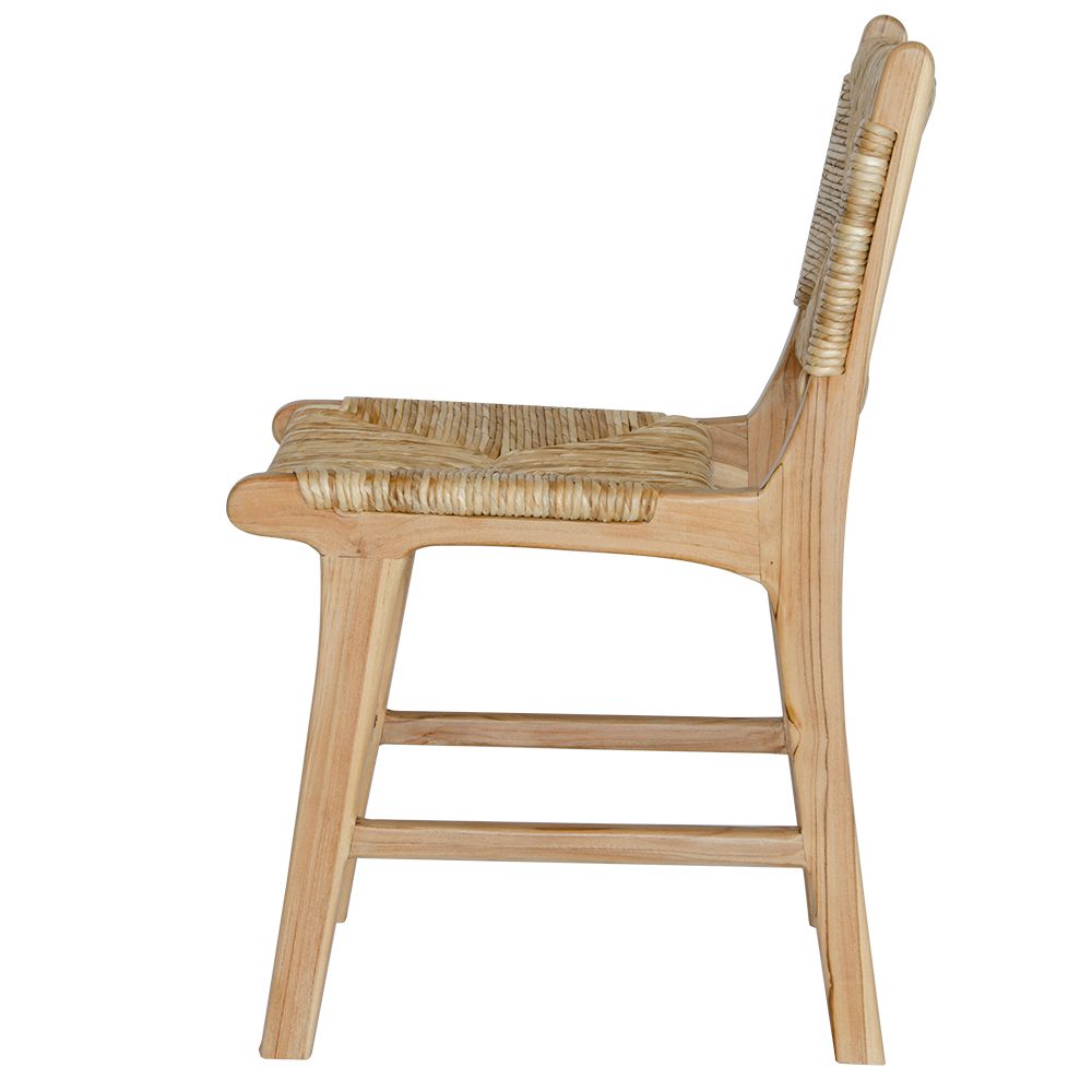 The Navajo Dining Chair is a coastal inspired dining chair. It features a teak frame and a woven pandan seat and back. Colour natural. Measures 450 wide X 540 depth X 470 seat height. Back height 850. Side Plain.