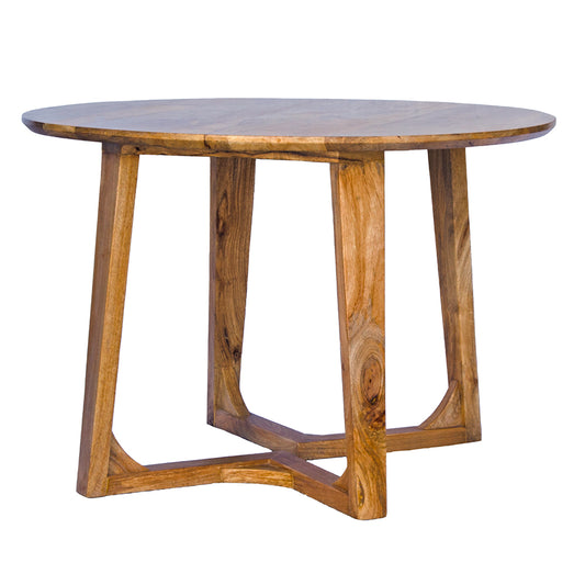 The Nelson Dining Table is crafted with solid round fruitwood top and contemporary four-legged design. Colour natural. Measures 1100 diameter X 750 height. Front Plain.