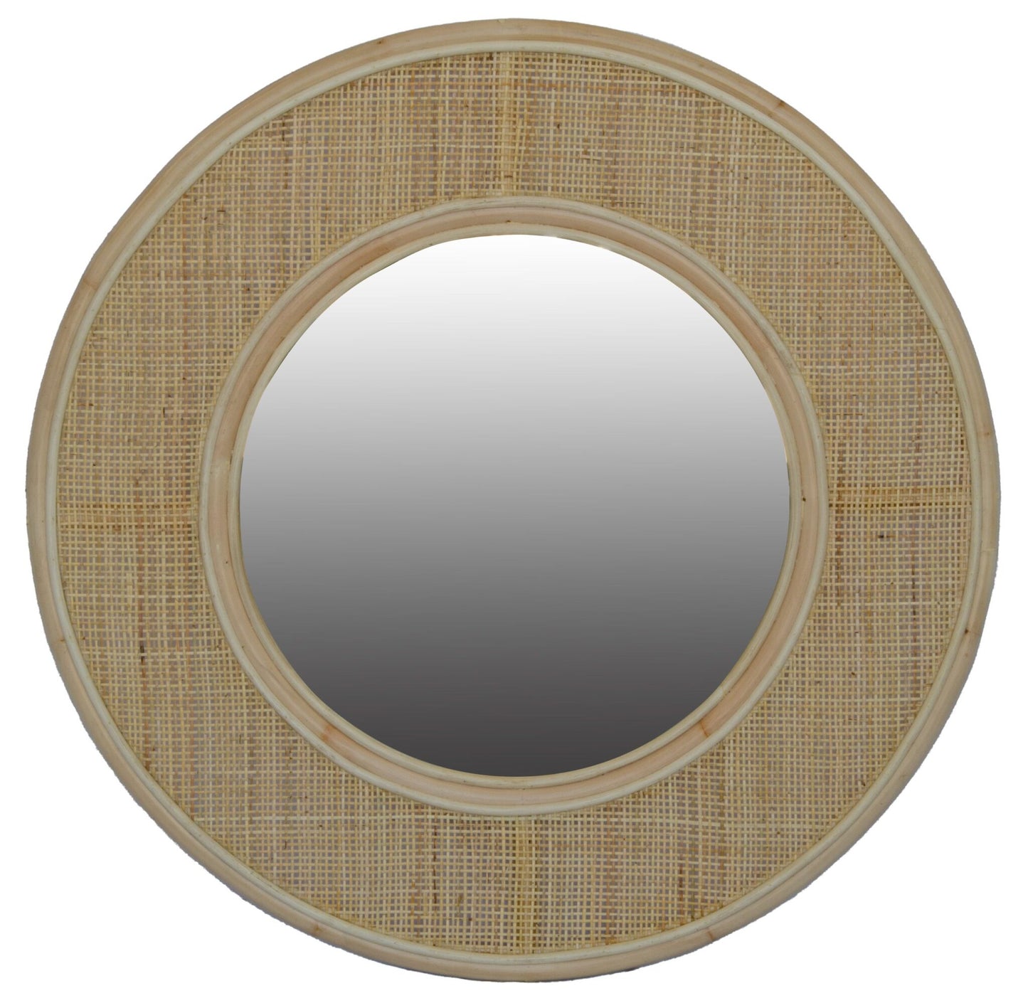 The Oahu Round Mirror has a coastal touch with its rattan and mesh frame. Colour natural. Measures 850 diameter. Front Plain.