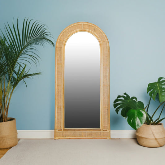 The Oahu Tall Mirror features a arched top, rattan frame, and an open rattan mesh border. Colour natural. Measures 900 wide X 1900 height. Life.