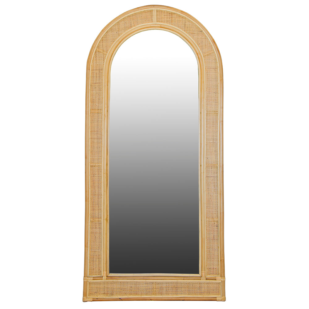 The Oahu Tall Mirror features a arched top, rattan frame, and an open rattan mesh border. Colour natural. Measures 900 wide X 1900 height. Front Plain.