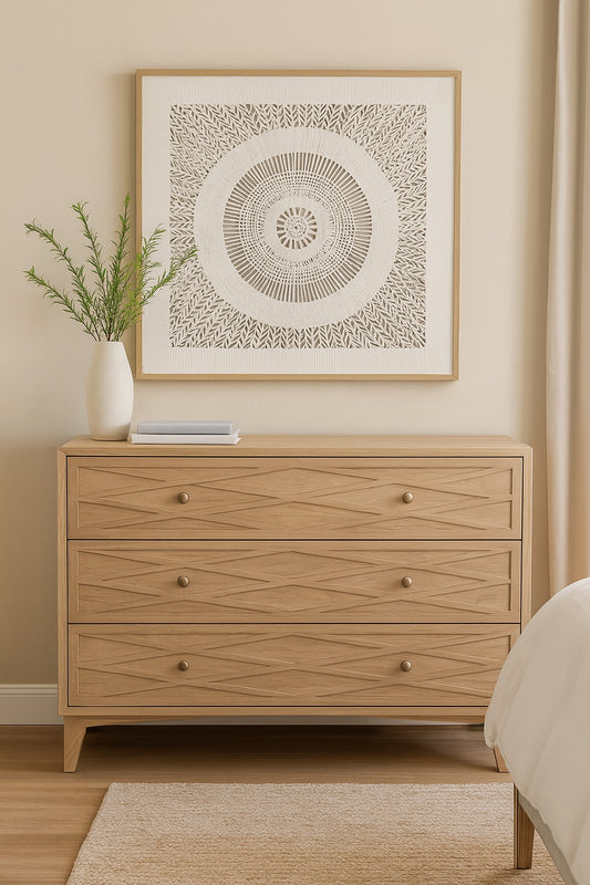 The Lassen 3 Drawer chest is crafted from  solid teak. Its contemporary design gives off a timeless aesthetic. Featuring 3 drawers. Colour natural. Measures 1000 Width X 810 Height X 400 Depth. Styled.