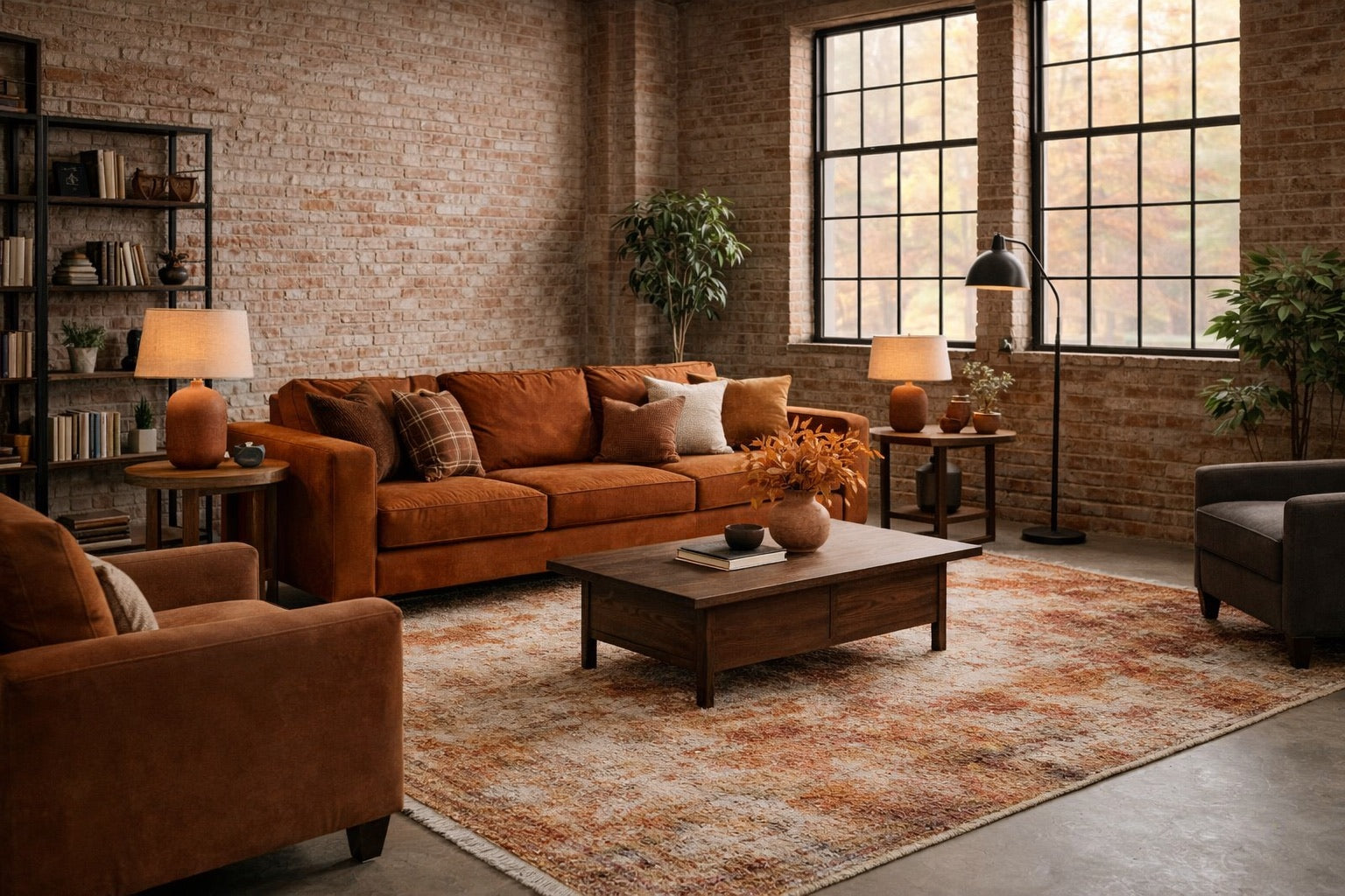 A warm toned hand-knotted rug styled for autumn in a modern Perth apartment living room.