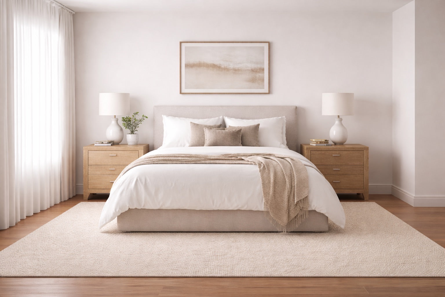 Hand woven wool rug styled in a modern Perth home bedroom. Ochoco Rugs Perth.