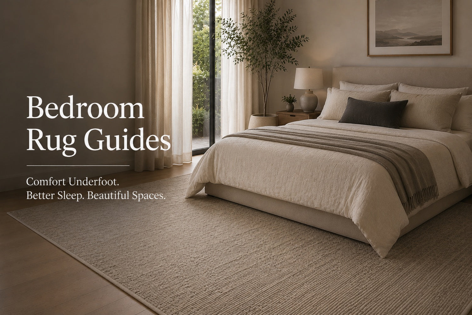 A hand woven wool rug styled in a modern Perth home bedroom setting.
