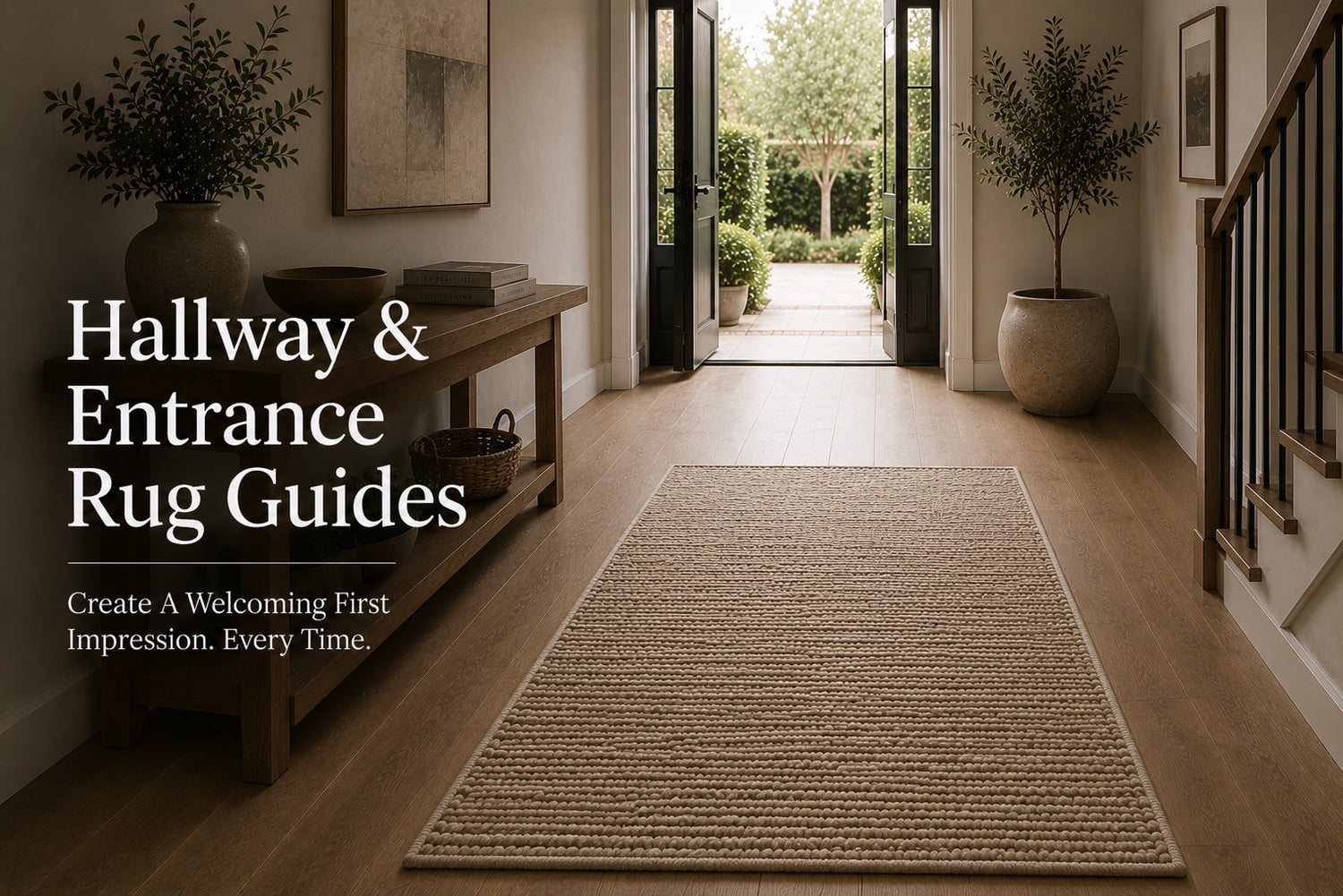 A hand woven texture wool hallway rug runner styled in a modern Perth home hallway space.