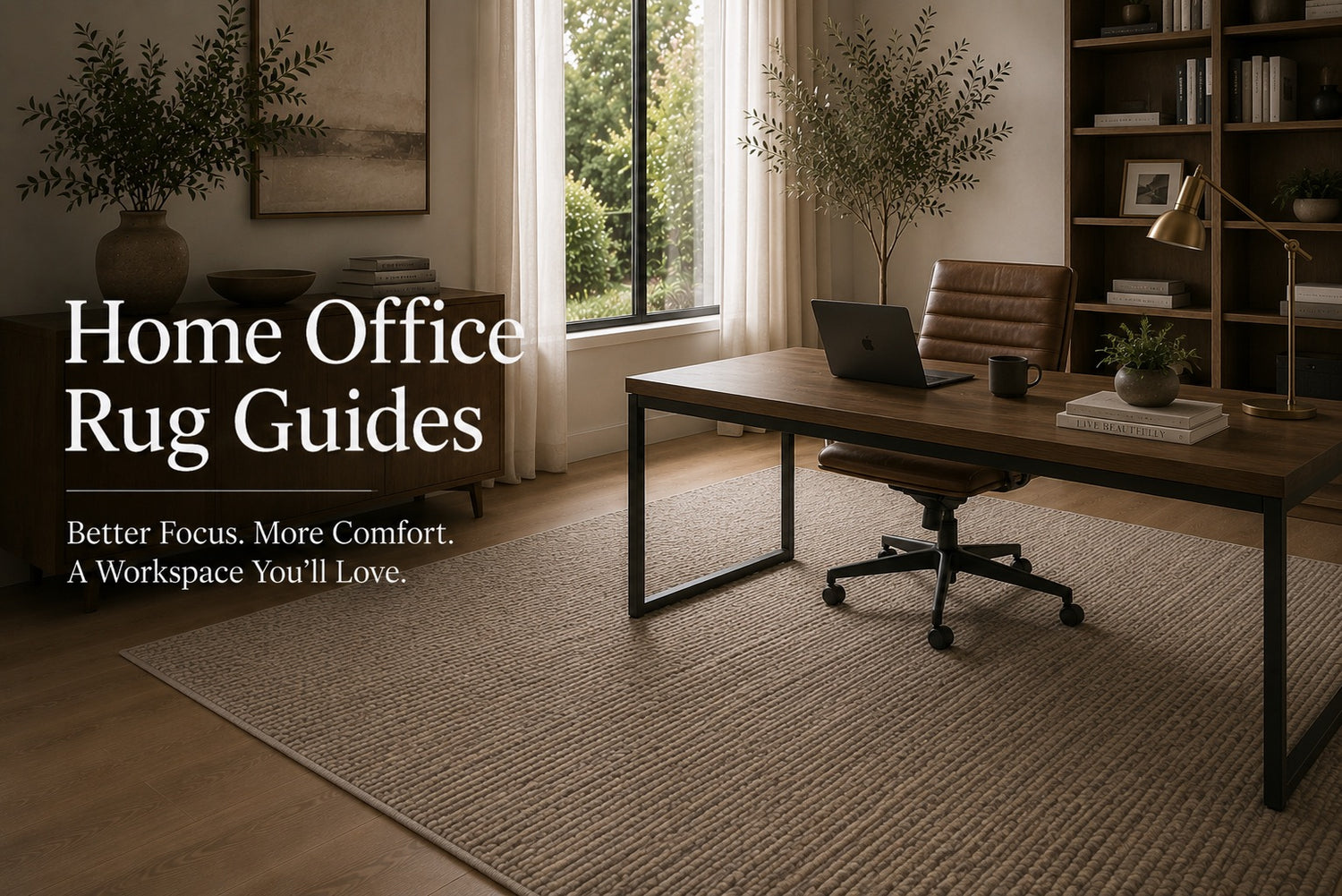 A wool hand woven flateweave rug styled in a modern Perth home office setting.