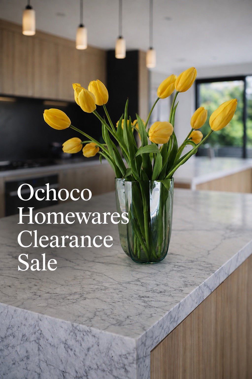 A Ochoco miranda glass vase style on a kitchen counter top.