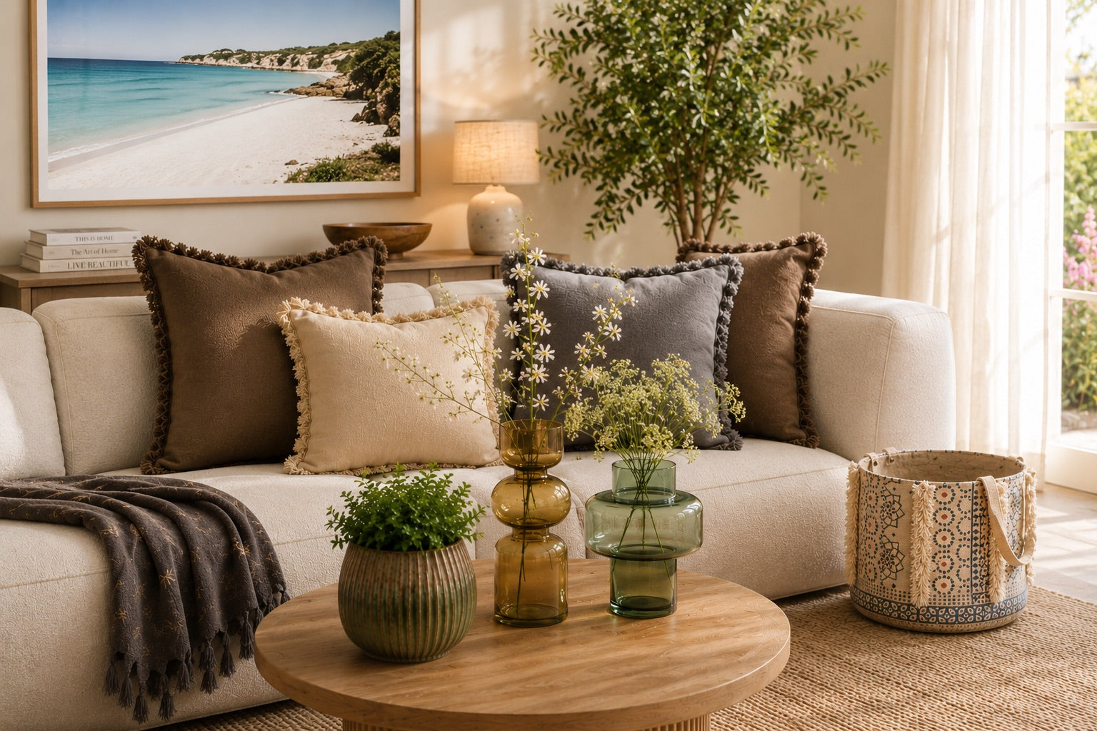 A living room styled image with Ochoco Cushions, throw blanket, basket, ceramic pot and glass vases.