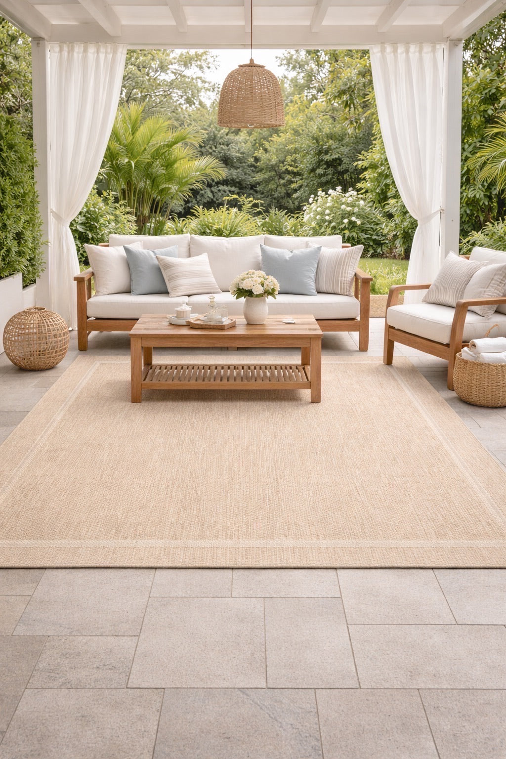 Barton Cream Indoor/Outdoor rug styled in a modern Perth outdoor alfresco area. Ochoco Rugs Perth.