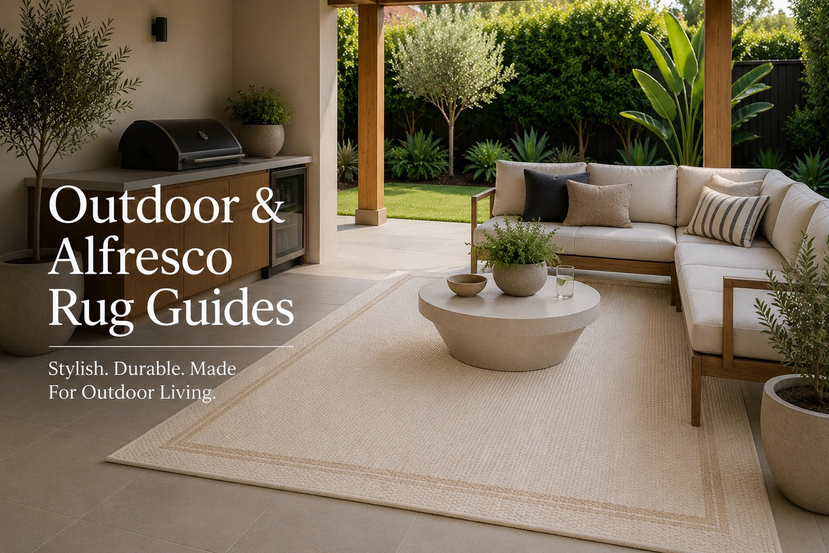 A UV-stabilised polypropylene rug styled in a Perth home outdoor alfresco space.