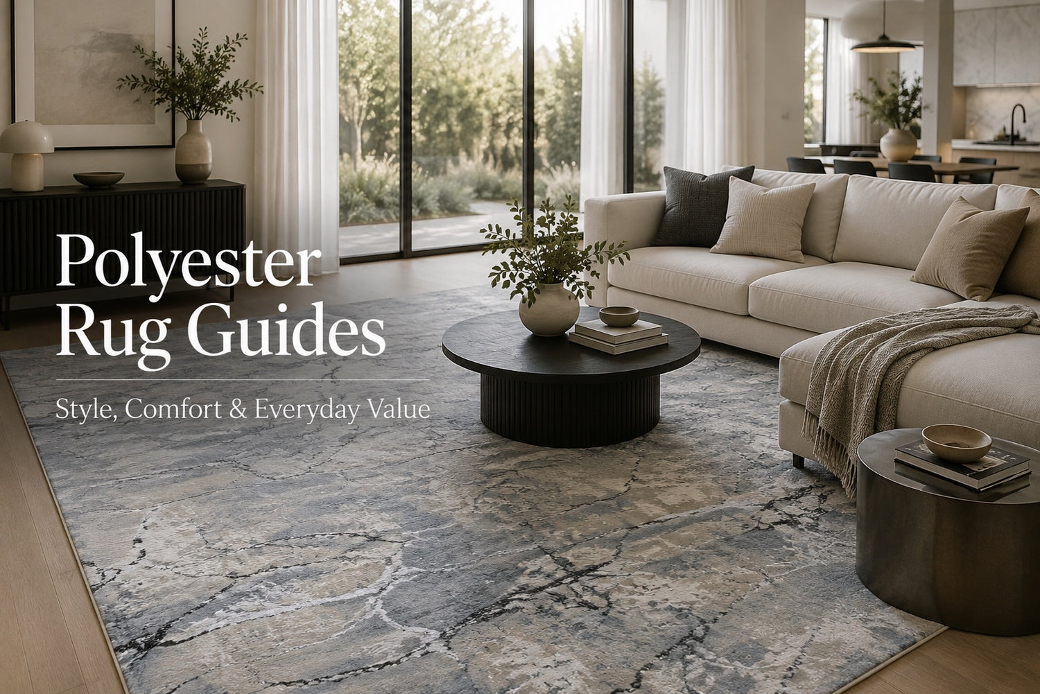 A polyester modern machine made rug styled in a Perth home living room.