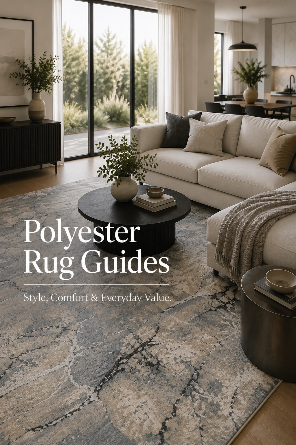 A machine made polyester rug styled in a modern Perth home living room setting.