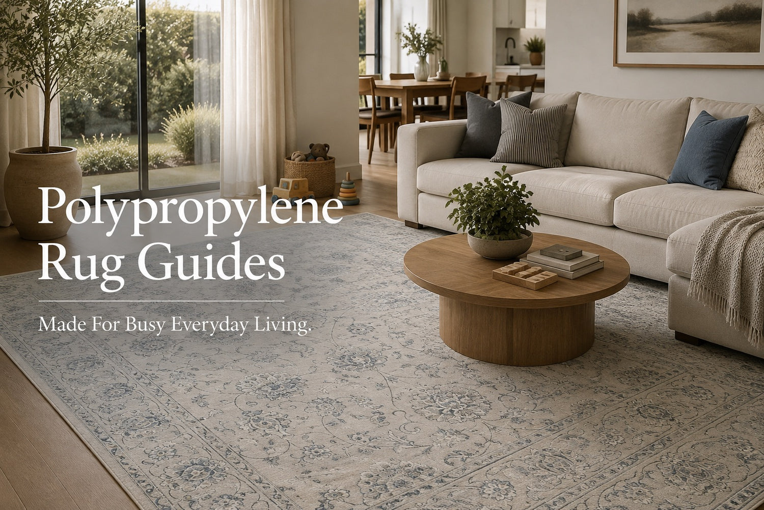 A Traditional Heat-Set Polypropylene rug styled in a modern Perth home living room.